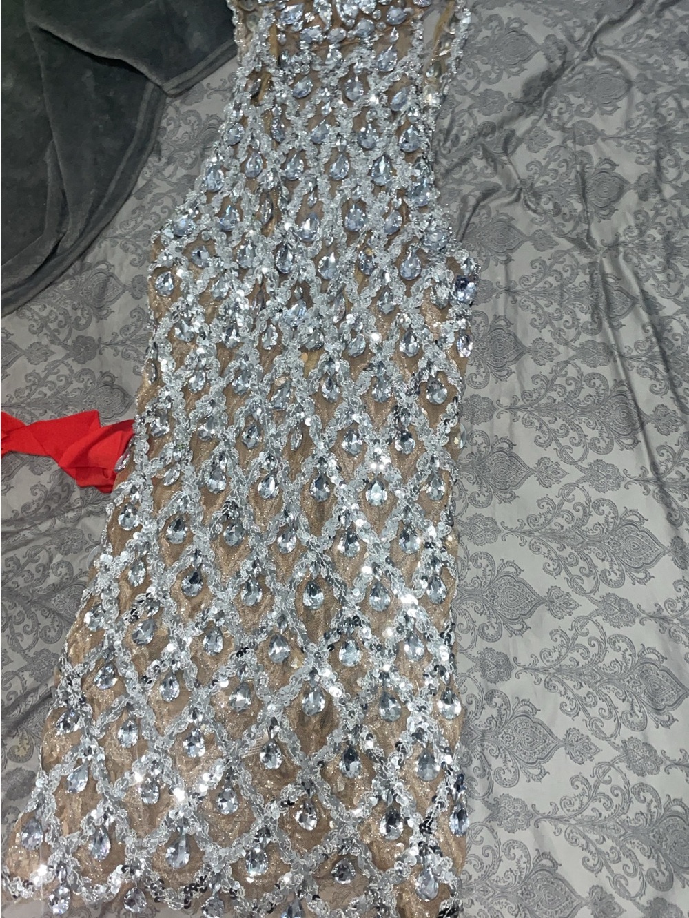 AKIRA Silver Sequin Over Nude Mesh Evening Gown
